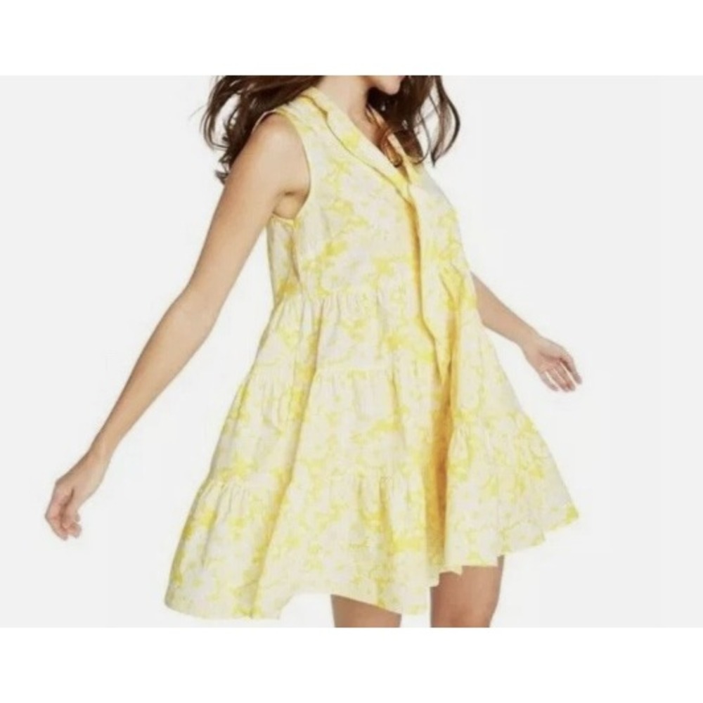 Lisa Marie Fernandez Cotton Mini Dress M Pockets Yellow Floral Tiered Sleeveless